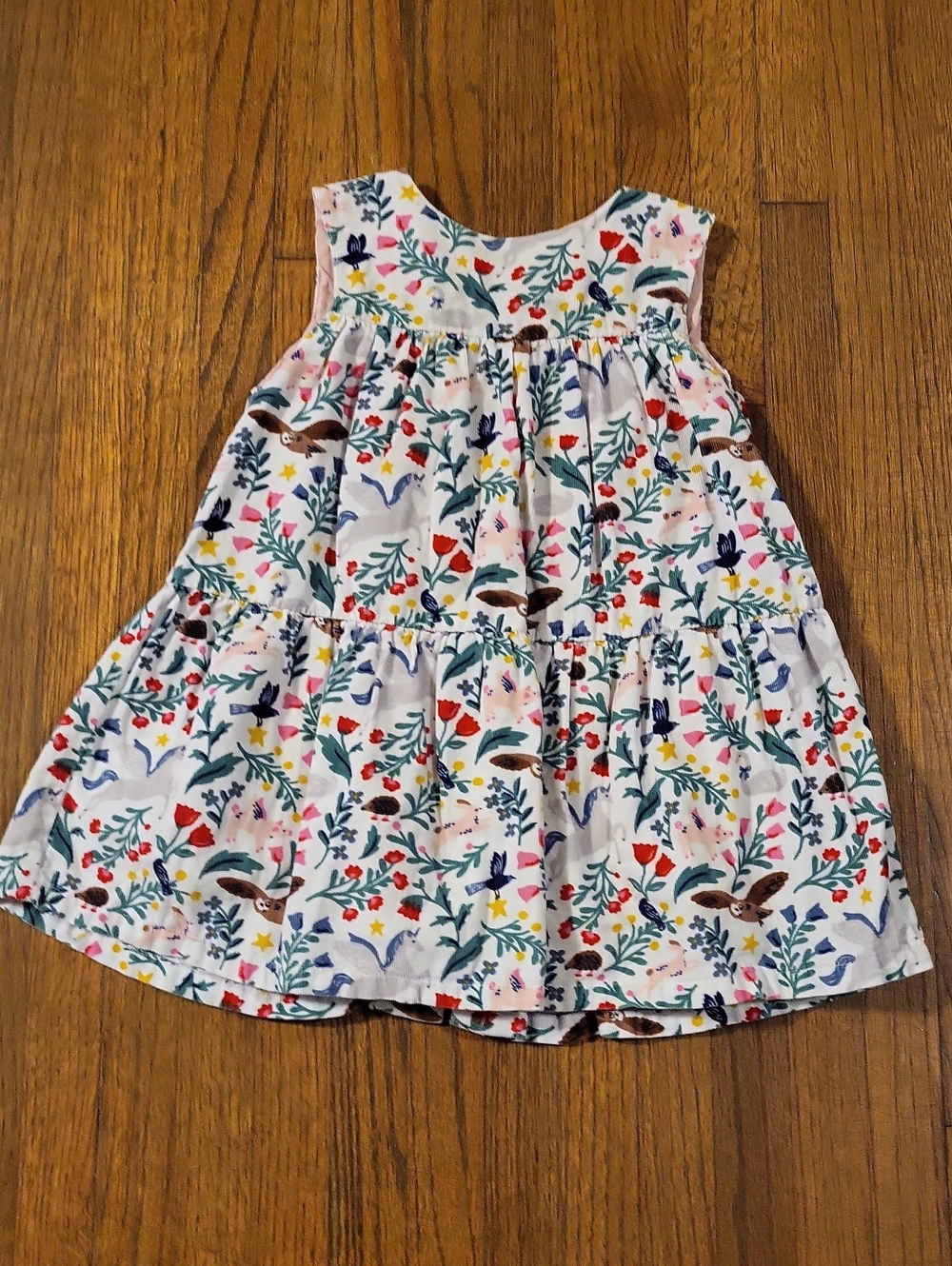 Baby Boden White Floral & Animal Tiered Dress with Multicolor Print